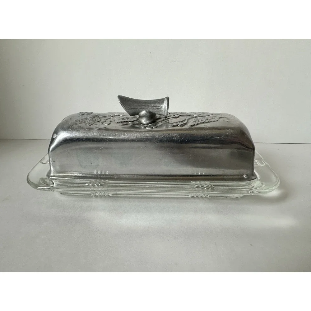Vintage 1940's Hammered Aluminum Butter Dish W/ Glass Insert Floral Motifs MCM